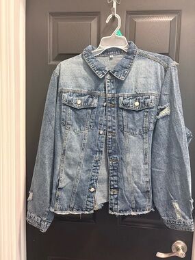 Distressed Dark Blue Denim Jacket - Casual Jean Jacket